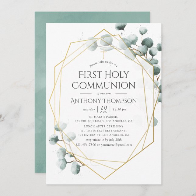 Eucalyptus Geometric First Holy Communion Invitation (Front/Back)