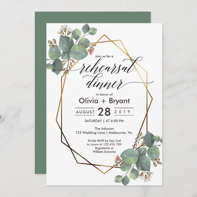 Eucalyptus geometric frame rehearsal dinner invitation (Front/Back)