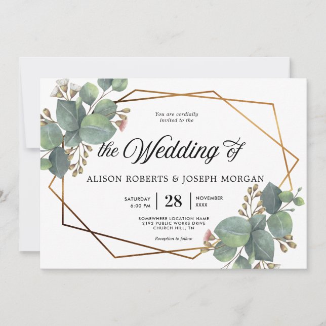 Eucalyptus geometric frame wedding invitation (Front)