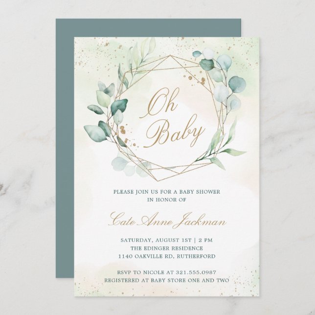 Eucalyptus Geometric Gender Neutral Oh Baby Shower Invitation (Front/Back)
