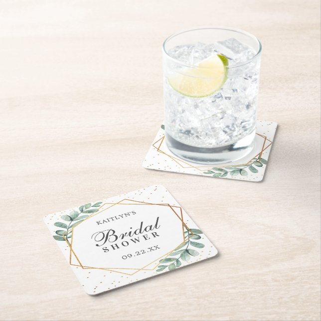 Eucalyptus Geometric Gold Foil Bridal Shower Square Paper Coaster (Insitu)