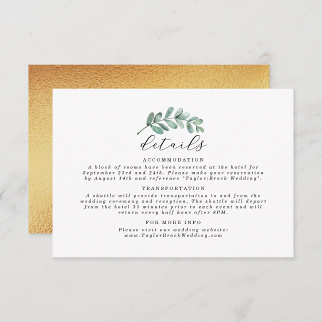 Eucalyptus Geometric Gold Foil Wedding Enclosure Card (Front/Back)