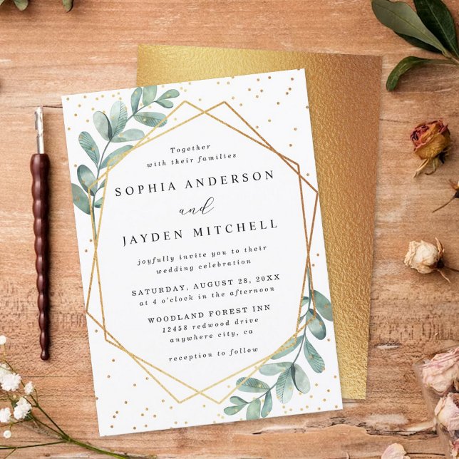Eucalyptus Geometric Gold Foil Wedding Invitation (Creator Uploaded)