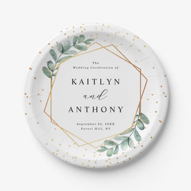 Eucalyptus Geometric Gold Foil Wedding Paper Plate (Front)