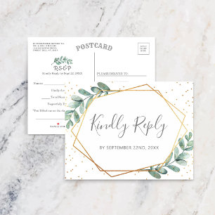 Eucalyptus Geometric Gold Foil Wedding RSVP Announcement Postcard