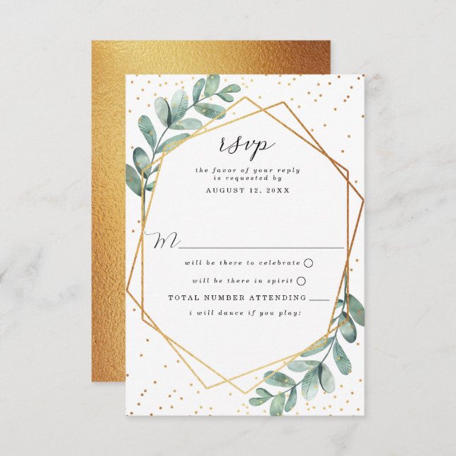 Eucalyptus Geometric Gold Foil Wedding RSVP Card (Front/Back)