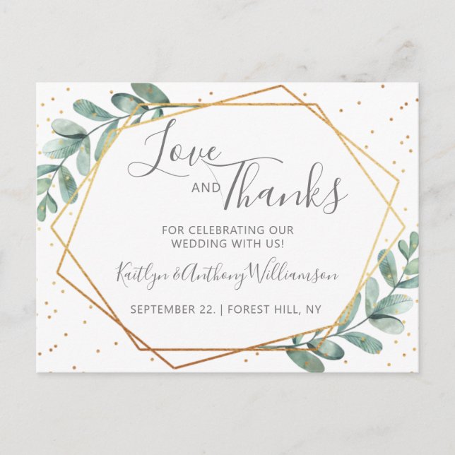 Eucalyptus Geometric Gold Foil Wedding Thank You Announcement Postcard (Front)