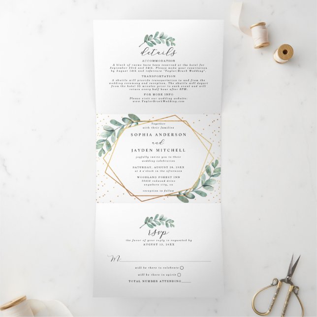 Eucalyptus Geometric Gold Foil Wedding Tri-Fold Invitation (Inside)