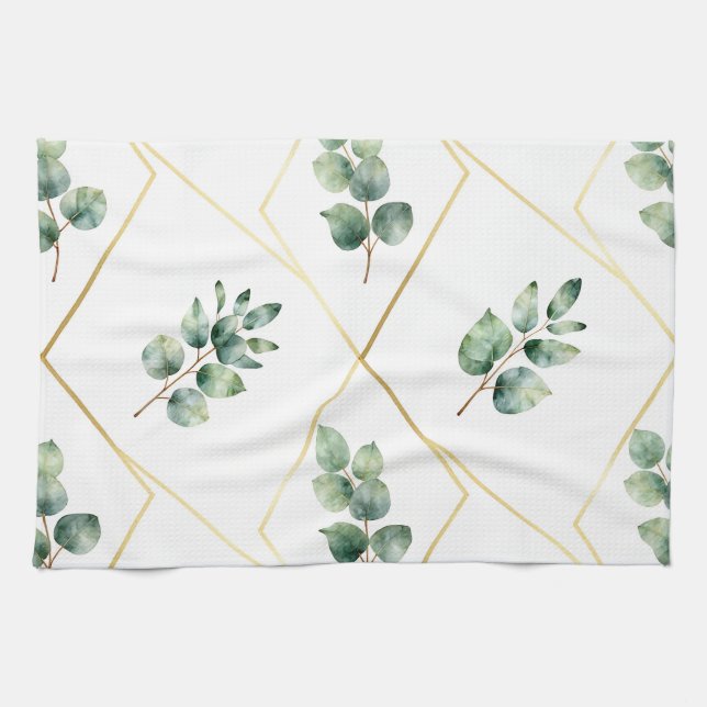 Eucalyptus Geometric Gold Pattern Tea Towel (Horizontal)
