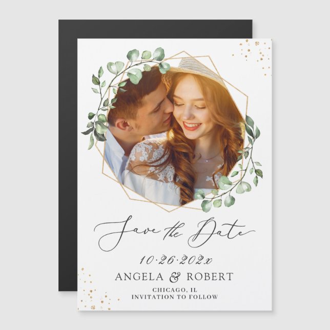 Eucalyptus Geometric Photo Save the Date Magnet (Front/Back)