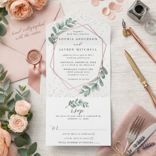 Eucalyptus Geometric Rose Gold Foil Wedding All In One Invitation
