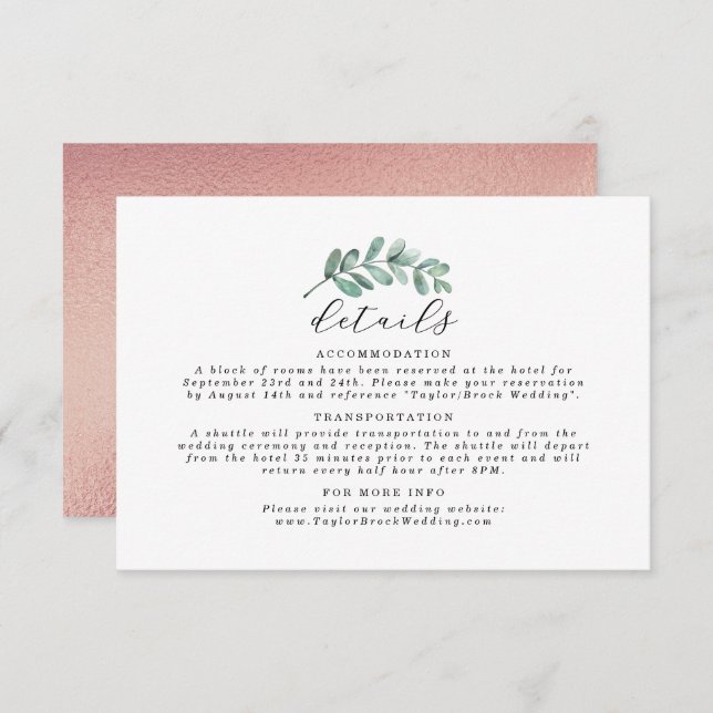 Eucalyptus Geometric Rose Gold Foil Wedding Enclosure Card (Front/Back)