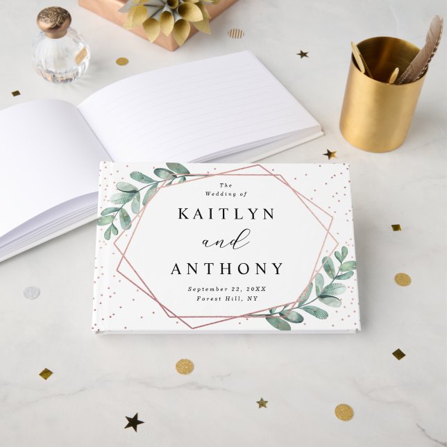 Eucalyptus Geometric Rose Gold Foil Wedding Guest Book (Front Open)