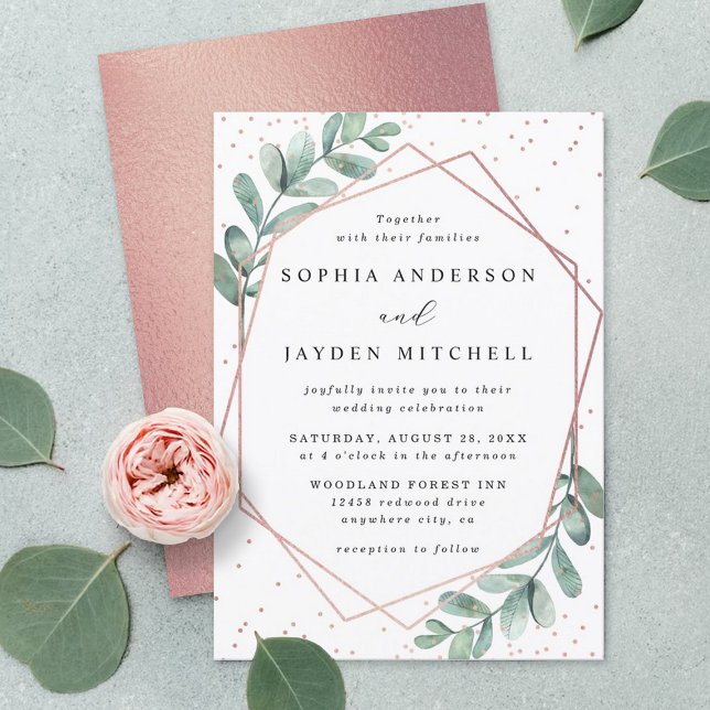 Eucalyptus Geometric Rose Gold Foil Wedding Invitation (Creator Uploaded)