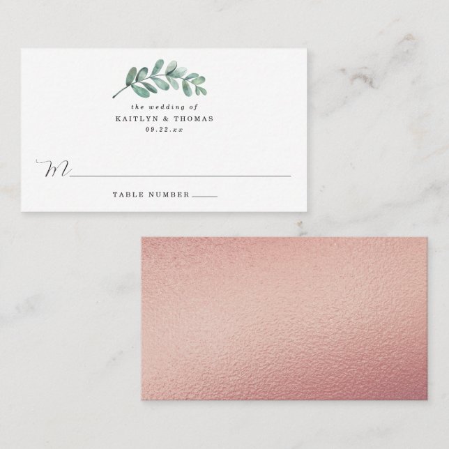 Eucalyptus Geometric Rose Gold Foil Wedding Place Card (Front/Back)