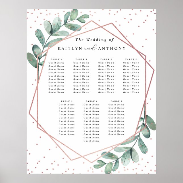 Eucalyptus Geometric Rose Gold Foil Wedding Table Poster (Front)