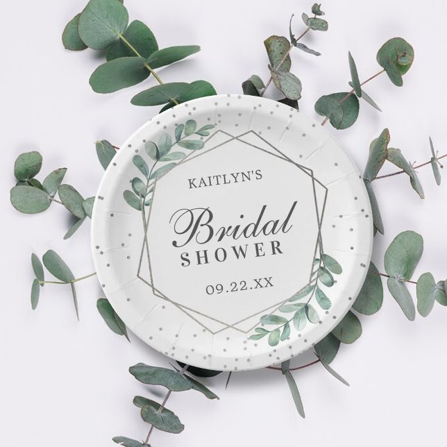 Eucalyptus Geometric Silver Foil Bridal Shower Paper Plate (Creator Uploaded)