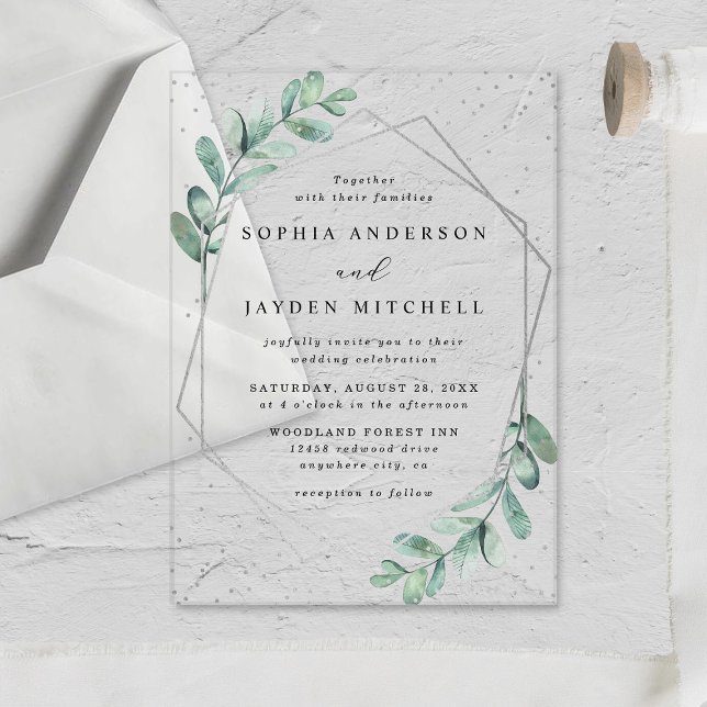 Eucalyptus Geometric Silver Foil Wedding Acrylic Invitations (Creator Uploaded)
