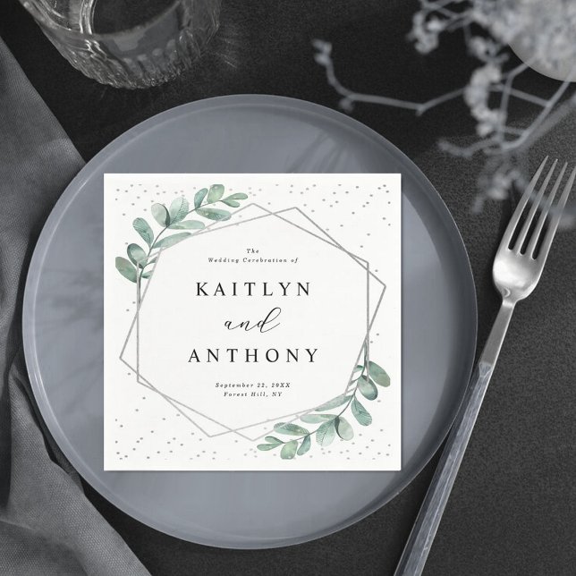 Eucalyptus Geometric Silver Foil Wedding Napkin (Creator Uploaded)