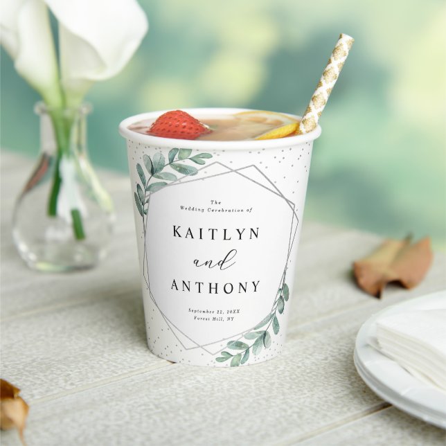 Eucalyptus Geometric Silver Foil Wedding Paper Cups (Insitu)