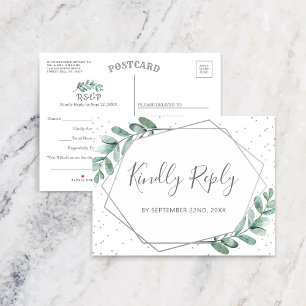 Eucalyptus Geometric Silver Foil Wedding RSVP Announcement Postcard
