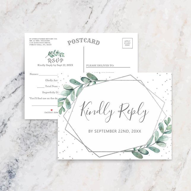 Eucalyptus Geometric Silver Foil Wedding RSVP Announcement Postcard (Creator Uploaded)