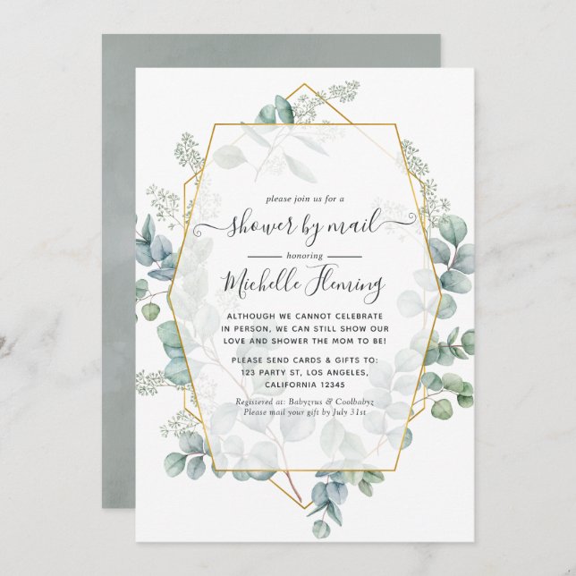 Eucalyptus Geometric Virtual Baby Shower by Mail Invitation (Front/Back)