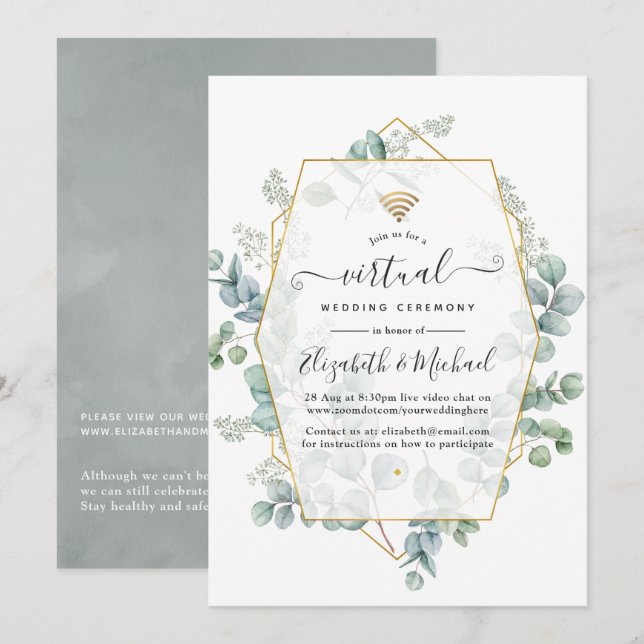 Eucalyptus Geometric Virtual Wedding Invitation (Front/Back)