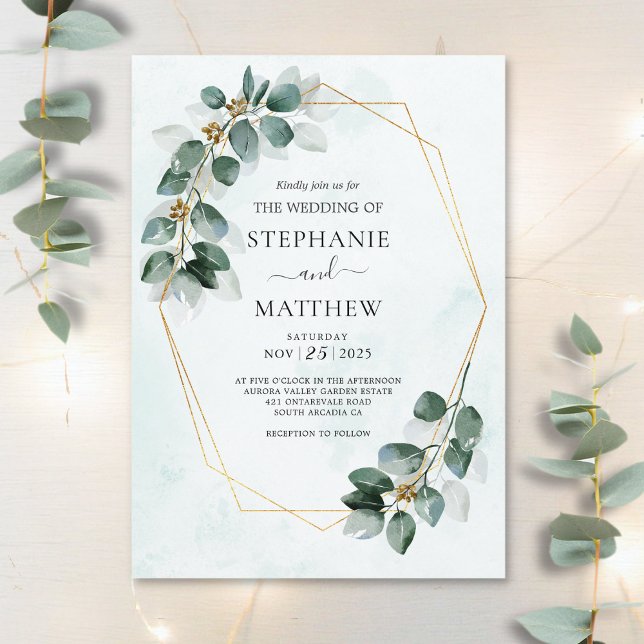 Eucalyptus Geometric Watercolor Foliage Wedding Invitation (Creator Uploaded)