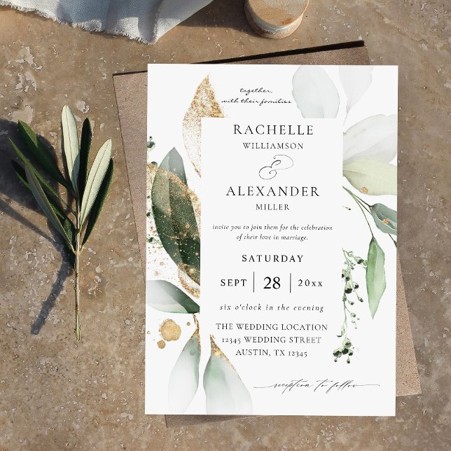 Eucalyptus Glow Gold Greenery 2 Wedding Invitation (Creator Uploaded)