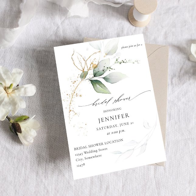Eucalyptus Glow Gold Greenery Bridal Shower Invitation (Creator Uploaded)