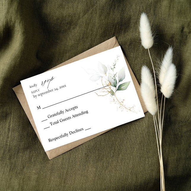 Eucalyptus Glow Gold Greenery no Meal RSVP Card (Creator Uploaded)