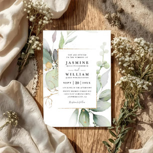 Eucalyptus Glow Gold Greenery QR Code Wedding Invitation
