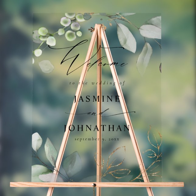 Eucalyptus Glow Gold Greenery Wedding Welcome Acrylic Sign (Neutral)