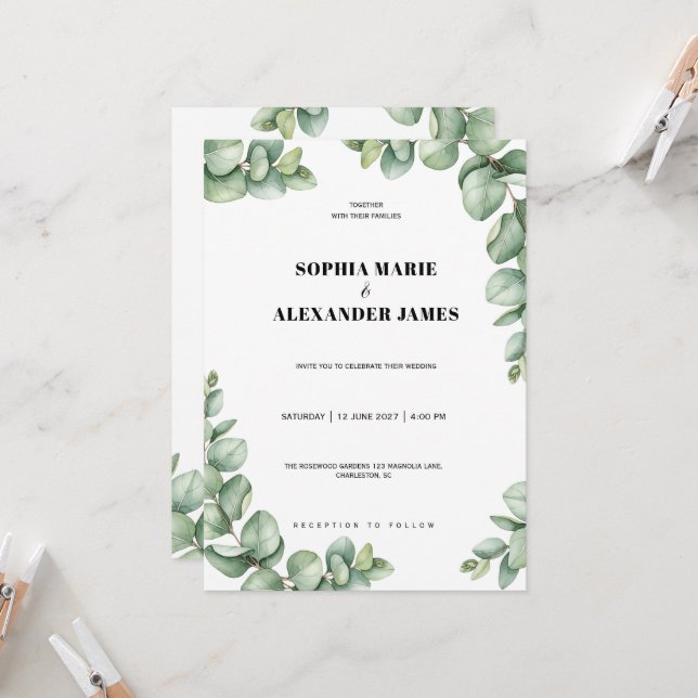 Eucalyptus Glow Greenery Wedding Invitation (Front/Back In Situ)