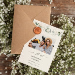 Eucalyptus Glow Photo Save the Date 2<br><div class="desc">Send your save the date in regal style with your photo and a eucalyptus & gold, hand painted wreath and calligraphy. Great for spring and summer weddings or engagements. Custom quality without the custom price, this invite is printed on high quality, professional level printers. And you can easily make your...</div>