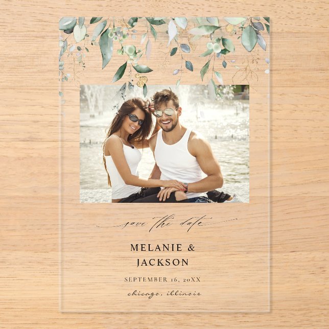 Eucalyptus Glow Photo Save the Date Acrylic Invitations (Front)