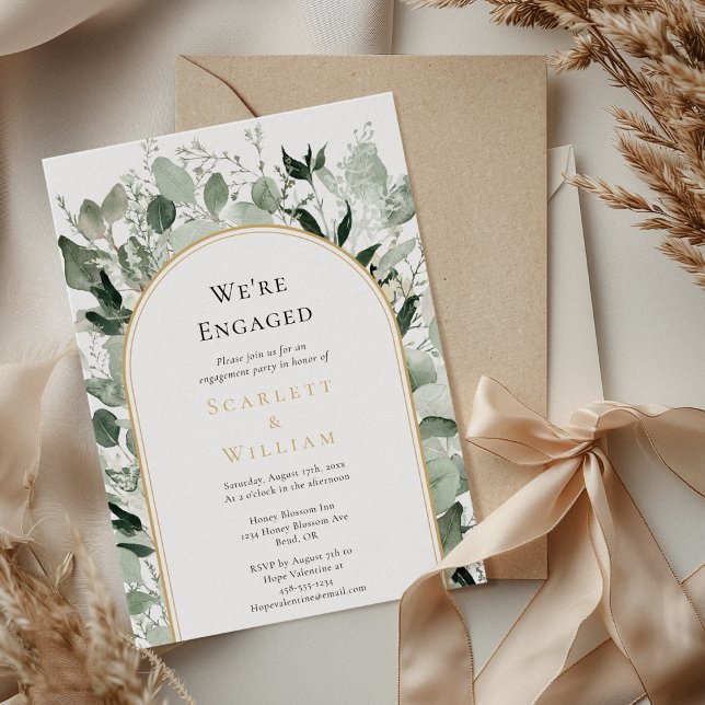 Eucalyptus Gold Arch Sage Simple We're Engaged Invitation (Creator Uploaded)