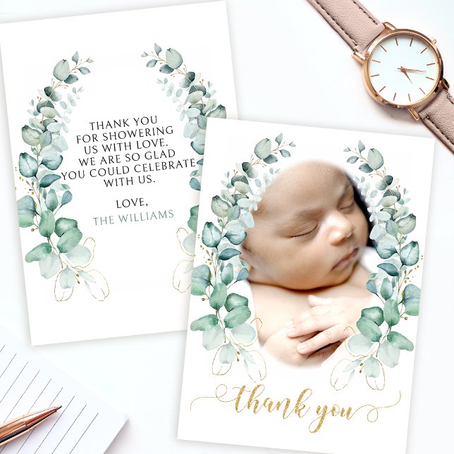 Eucalyptus gold baby shower photo thank you cards (Creator Uploaded)