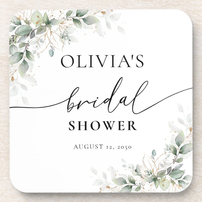 Eucalyptus Gold Bridal Shower beverage coaster (Front)