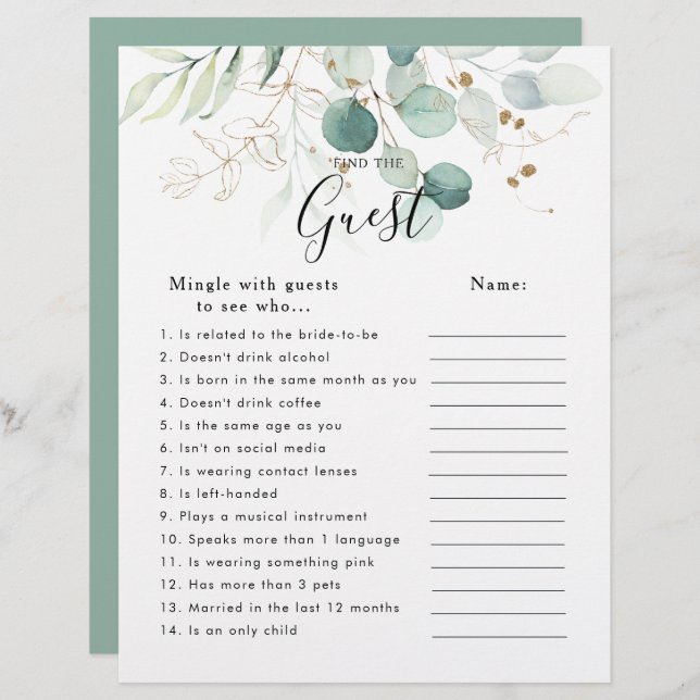 Eucalyptus Gold Bridal Shower Find the Guest Game (Front/Back)