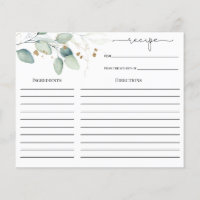 Eucalyptus Gold Bridal Shower Recipe card