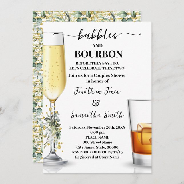 Eucalyptus Gold Bubbles & Bourbon Couples Shower Invitation (Front/Back)