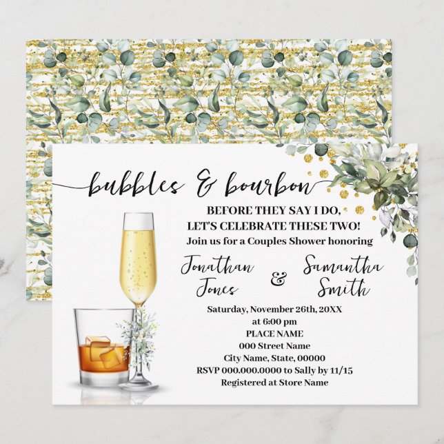 Eucalyptus Gold Bubbles & Bourbon Couples Shower Invitation (Front/Back)
