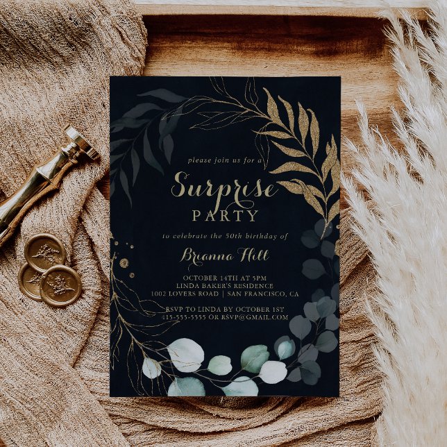 Eucalyptus Gold Calligraphy Blue Surprise Party  Invitation (Creator Uploaded)