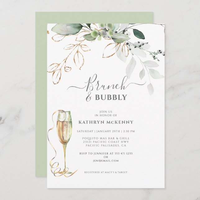 Eucalyptus Gold Calligraphy Bridal Shower  Invitat Invitation (Front/Back)