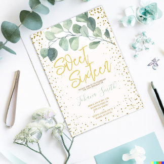 Eucalyptus Gold Confetti Sweet Sixteen Birthday Invitation