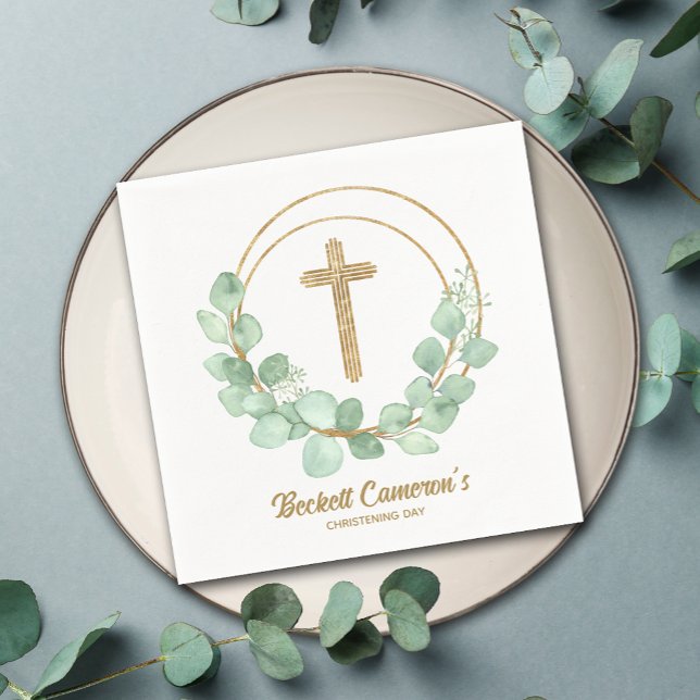 Eucalyptus Gold Cross Christening Napkin (Creator Uploaded)