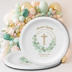 Eucalyptus Gold Cross Christening Paper Plate