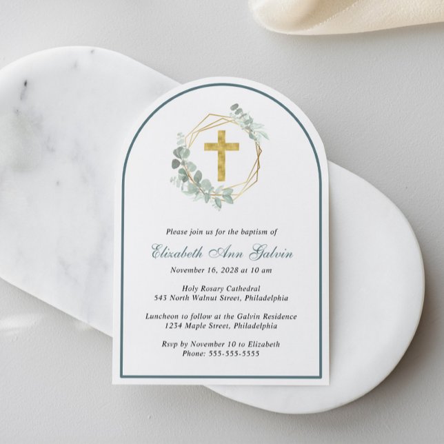 Eucalyptus Gold Cross Photo Arch Baptism Invitation (Creator Uploaded)